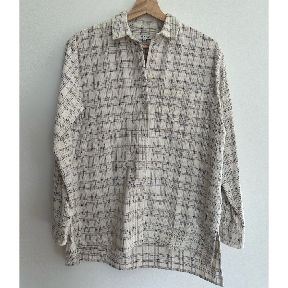 Madewell oversized corduroy boyshirt/shirt jacket in ivory plaid.